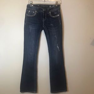 Miss Me Signature Distressed Boot Rhinestone Bling Flap Blue Jeans 26” X 32”